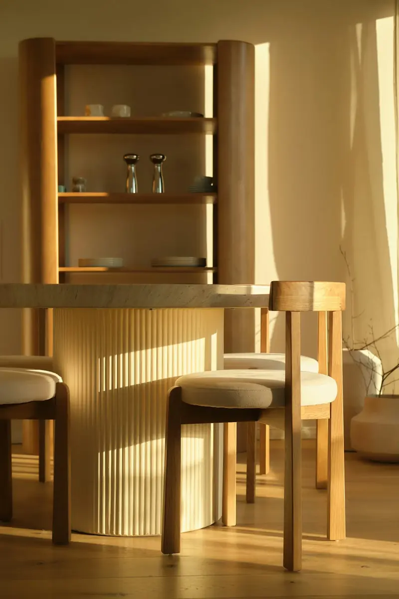 Oak dining table and chairs in low sunlight, with oak shelving behind