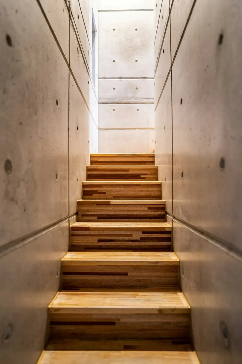 A narrow oak stair rising between two concrete walls toward daylight