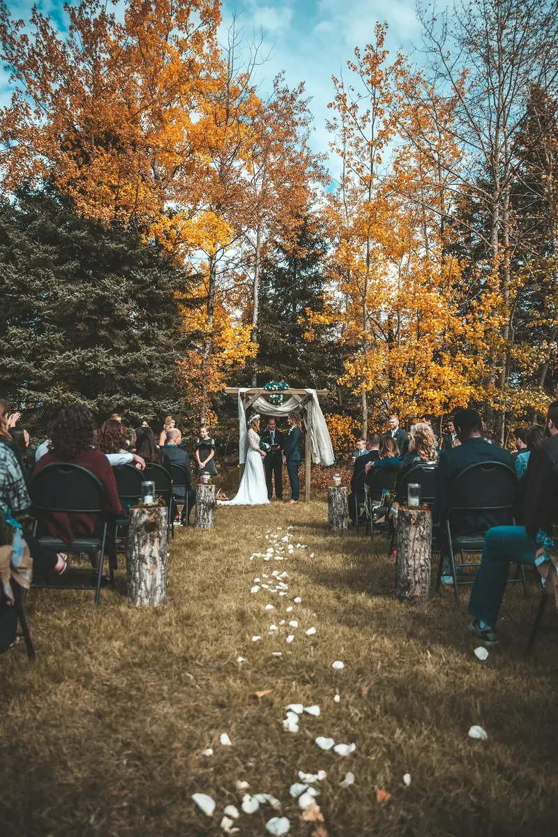 Guests seated for a ceremony under trees turning orange