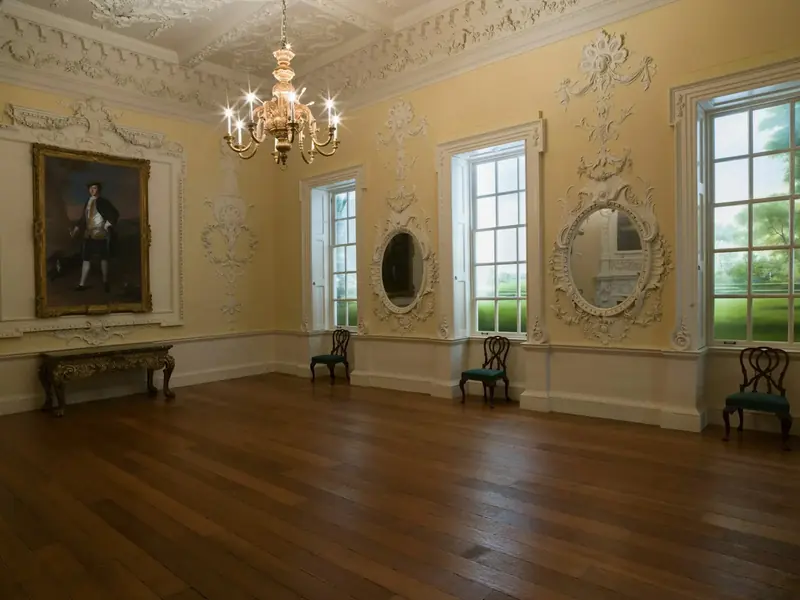 The Saloon: a pale panelled room with tall sash windows, a chandelier and a wooden floor